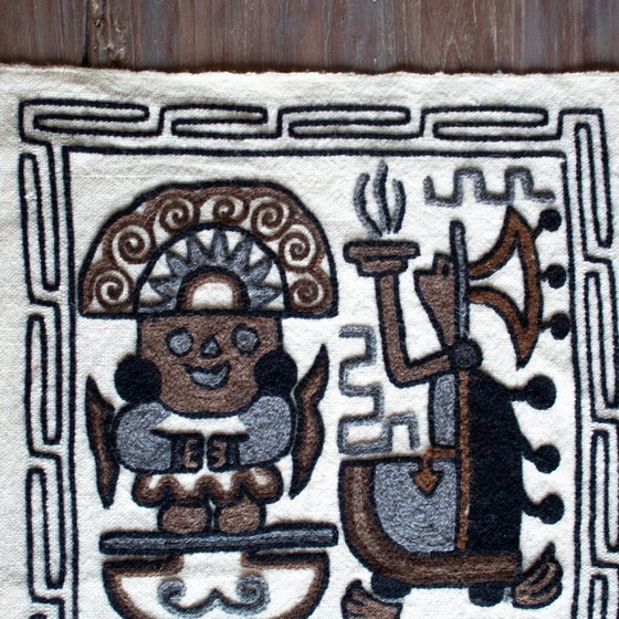 Image 1 of Vintage handgemaakt Latijns-Amerikaans wandtapijt: Maya Azteekse volkskunst, wollen geborduurd wandkleed
