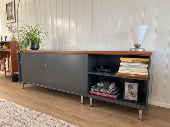 Sideboard with wooden top and dark grey doors, Metal, Brown, Vintage (photo 3 of 11)