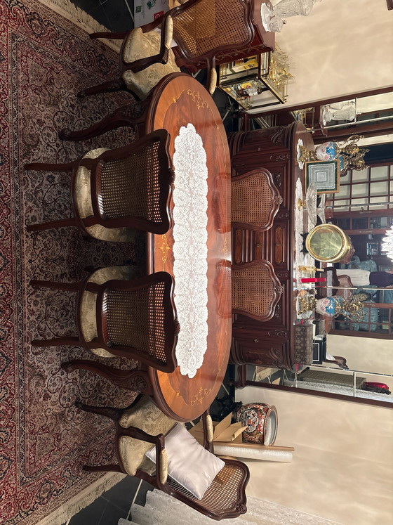 Vintage Italian Baroque Style Dining Table & 6 Cane-Back Chairs - Marquetry Inlay, Dining set, Rattan (photo 4 of 13)