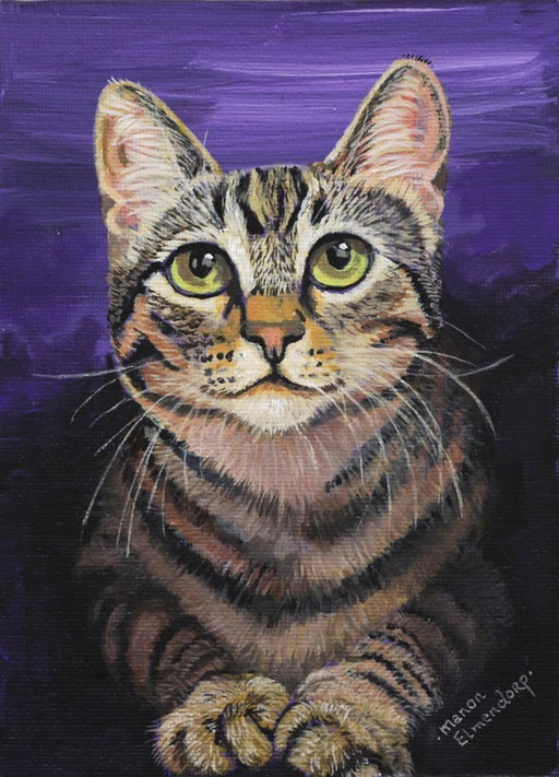 Retrato original de gato pintado a mano, 18 x 13 cm. Obra de arte.
