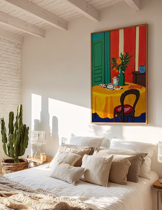Image 1 of Pintura acrílica del artista E. García "El mantel amarillo" 100x70 cm