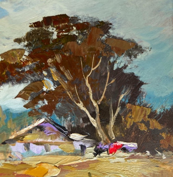 Image 1 of Original Oil Painting Autumn Forest Landscape House in the autumn forest