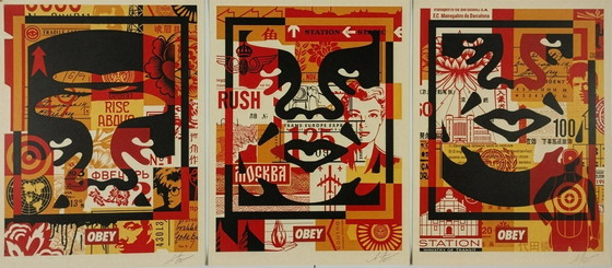 Image 1 of Shepard Fairey (Obey), "3-Face Collage". Triptiek van offsetlithografieën, gesigneerd en gedateerd, 2020