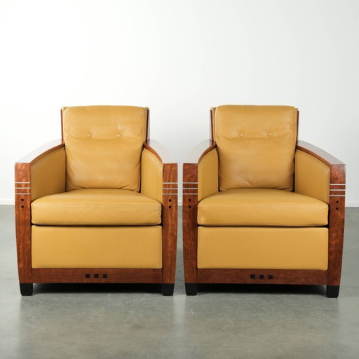 2 x Prachtige gele rundleren Art Deco design fauteuil van Schuitema, model Frank, uit de Decoforma serie