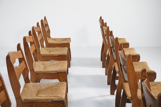 Image 1 of Set di 10 sedie brutaliste "Razor" in rovere con seduta in giunco, Paesi Bassi, anni '70
