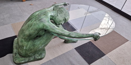 Coffee table statue of a naked woman, bronze, beautiful patina