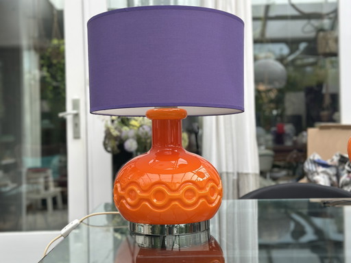 Wide large orange glass lamp with purple shade and double lighting