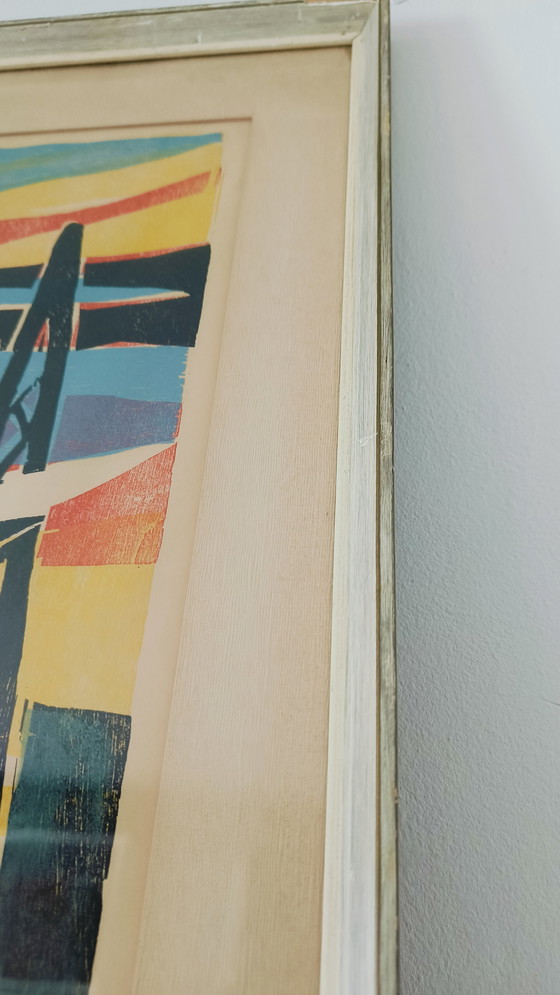 Image 1 of La société Kleurrijk Industriële Vormgeving Houtdruk Gesigneerd 1961 'Meeuwen' (en anglais)