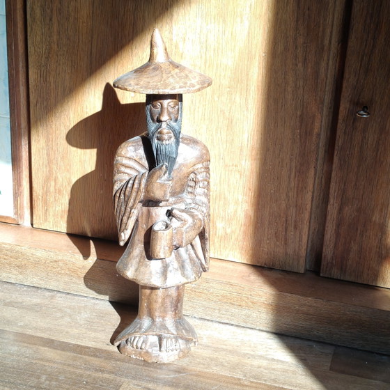 Image 1 of Large Hand-Carved Wooden Chinese Scholar Sculpture | 54 cm | Solid Wood