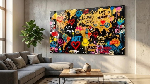 Mappa del mondo di lusso stampata su vetro acrilico – Banksy Street Art versione XXL 200 × 110 cm – giclee prints, Plexiglass