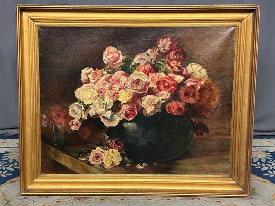 Frédéric de Smet (1876-1948), "Natura morta con rose.", Dipinti e disegni, Tela (foto 2 di 7)