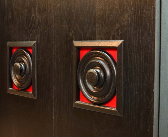 Image 1 of Highboard in brutalistische stijl van De Coene uit het midden van de 20e eeuw, zwart met rode accenten. België, jaren 60.