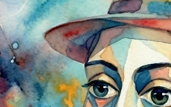Image 1 of Framed Watercolor Painting of an Abstract Woman with a Hat / (80x60) cm