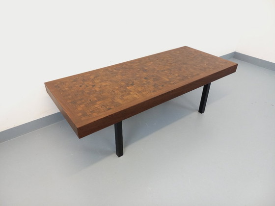 Image 1 of Vintage rectangular coffee table by Dieter Wackerlin in wenge wood mosaic and black metal legs from the 60s/70s