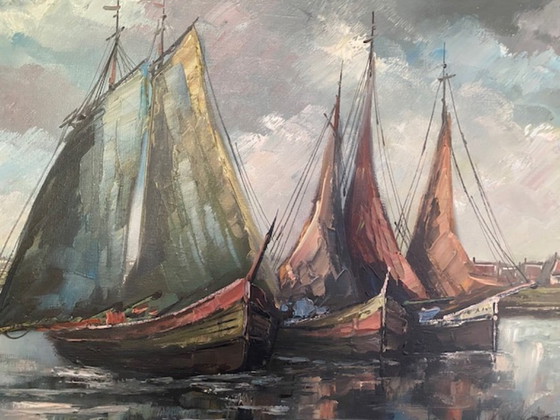 Image 1 of Oil painting of sailboats near a Zeeland village