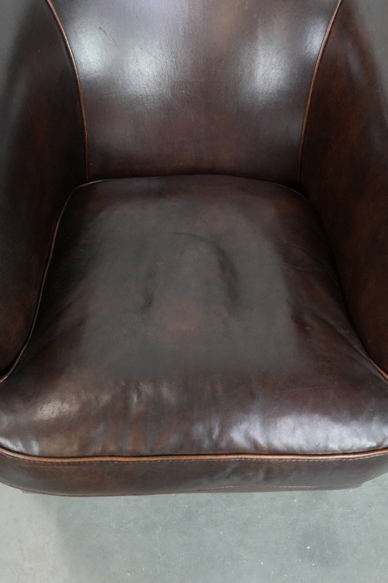 Image 1 of Donkerbruine Vintage Clubfauteuil In Engelse Stijl Gemaakt Van Schapenleer
