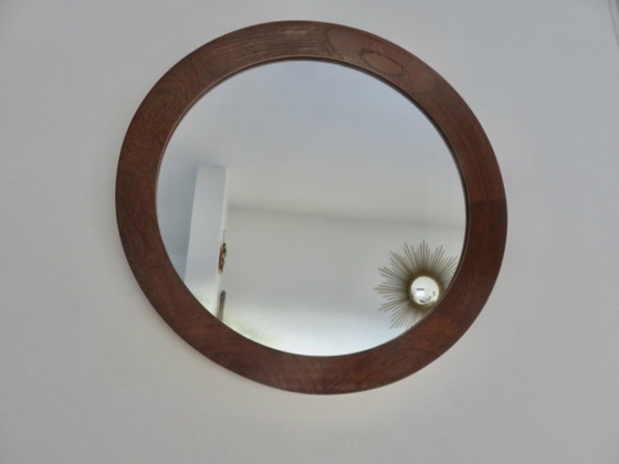 Ronde teakhouten spiegel gestempeld made in Denemarken, 1960, Bruin, Scandinavian (foto 9 van 12)