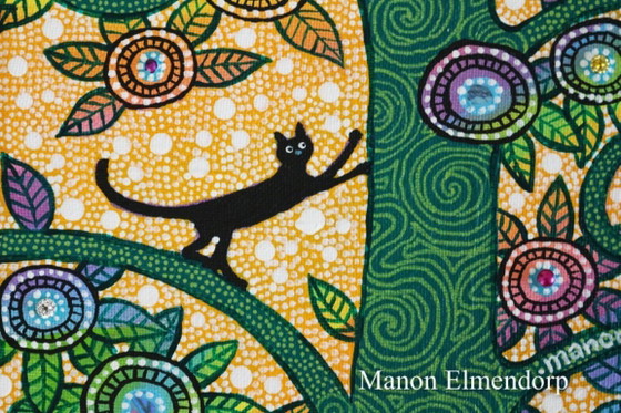 Image 1 of Unique Hand-Painted Small Painting Cats in Tree 30x18 cm