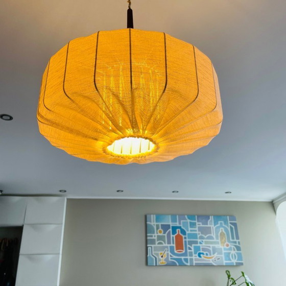 Image 1 of Japandi style wrapped fabric and teak wood hanging lamp shade, Sweden 1950s-60s