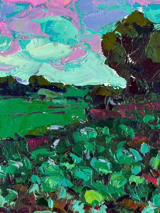 Image 1 of Original Oil Painting Rural Landscape Vegetable Garden in Front of the House