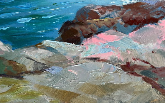 Image 1 of Originales Ölgemälde: Küstenlandschaft mit Möwen und felsigem Ufer im Meer