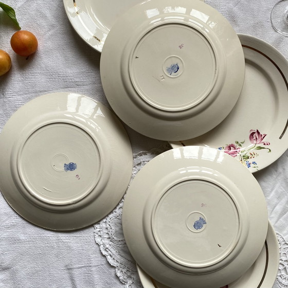 Image 1 of Set van 6 borden Badonviller Antiek Aardewerk Bloemen en Verguldsel