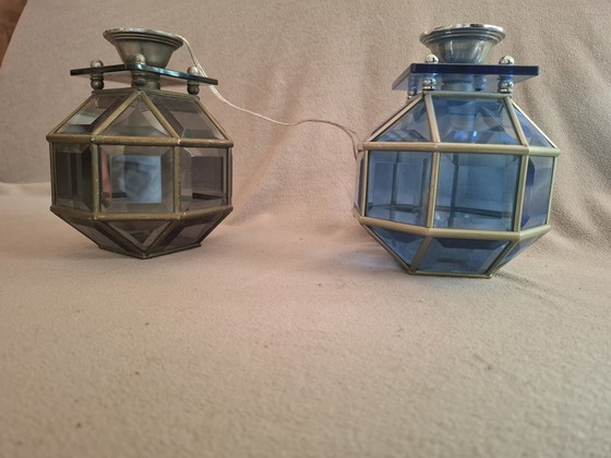 Lampadari tipo lanterna in stile Fontanarte  anni 60s, Lampade a sospensione, Vetro, Cromo, Blu (foto 7 di 7)