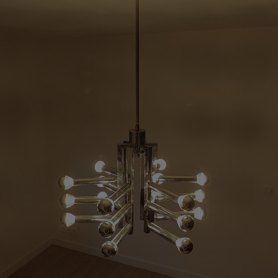 Image 1 of Lustre spoutnik/orbite chromé vintage avec 18 points lumineux - Sciolari for Cosack