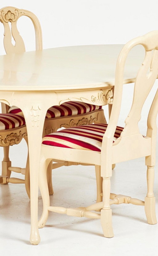 Ensemble de salle à manger de style rococo (5 pièces) — Décor découpé et détails dorés — XXe siècle — Table + 4 chaises