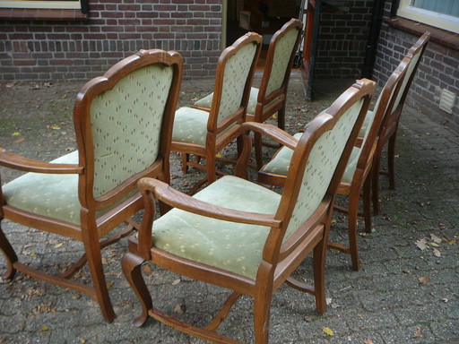 6 antique oak dining chairs 2 with armrest Green velour upholstery