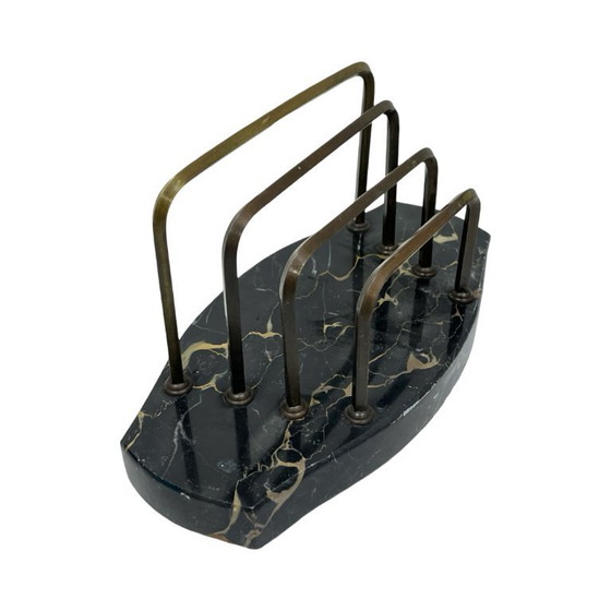 Image 1 of Art Deco Executive Desk Set: Letter Holder and Blotter – Portoro Marble and Brass – 1930s