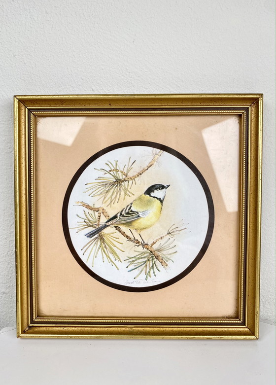 Image 1 of Small Vintage Bird Gold Framed Art Print - Cute Great Tit Retro Portrait in Square Gold Frame on Beige Background - Rustic Deco