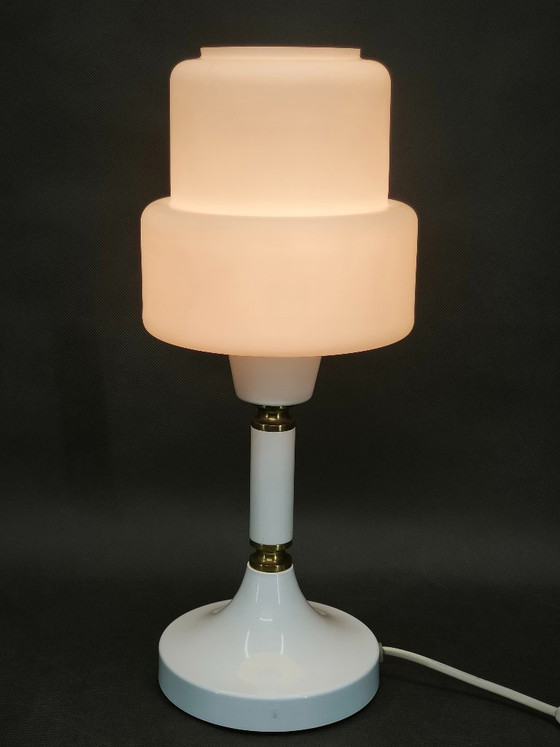 Drukov Opalglas- und Messing-Tischlampe, Tschechoslowakei, 1970er Jahre – Tischlampen, Metal (photo 9 of 9)