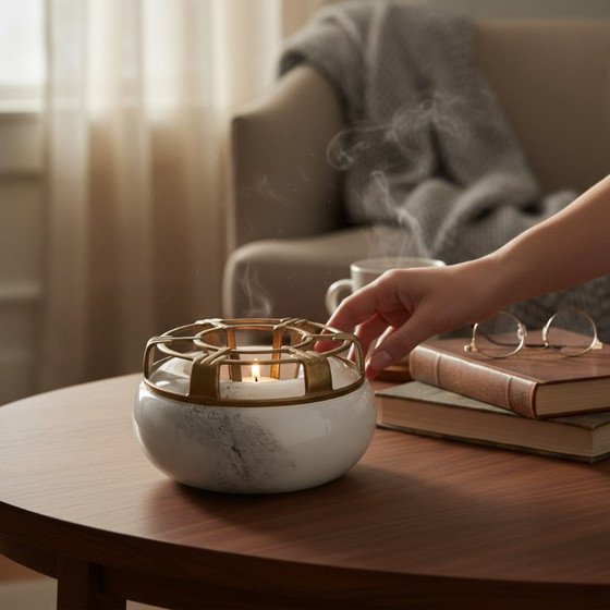 Image 1 of Portavelas Art Déco de vidrio y latón – ca. 1930–1940 – Ø16 cm