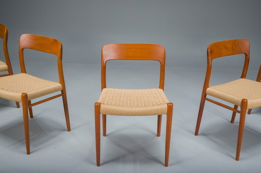 Chaises de salle à manger danoises en teck Mod. 77 avec corde en papier par Niels O. Møller pour J.L. Møllers, 1959, série de 5