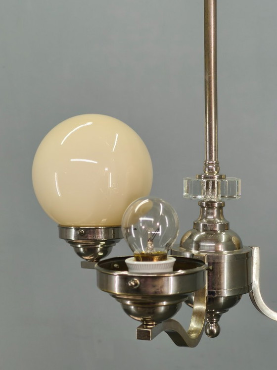 Image 1 of Lampadario Art Déco in nichel e vetro degli anni '30, Cecoslovacchia