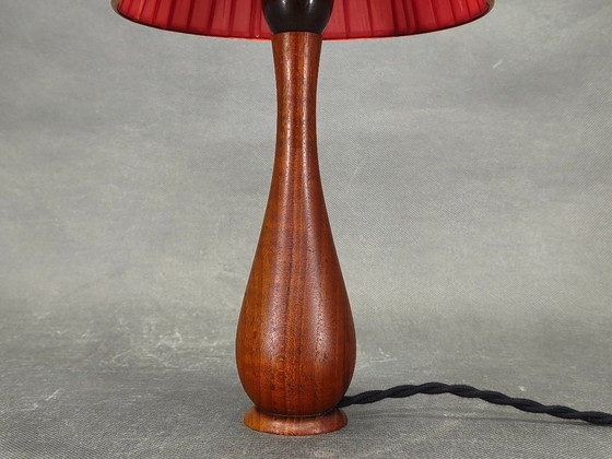 Image 1 of Danish Mid Century Teak Table Lamp with Red Shade, 1960s