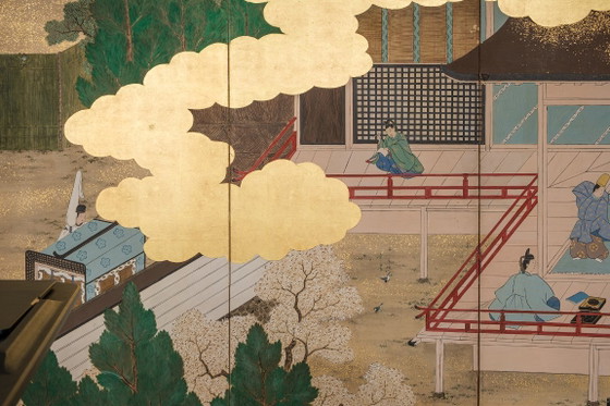 Image 1 of Antico paravento giapponese a sei pannelli con raffigurazione della storia di Genji.