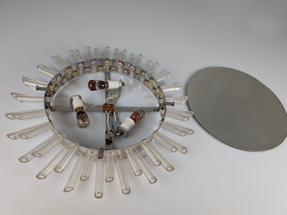 Image 1 of Mid-Century Modern Sunburst Mirror Wall Lamp in Lucite with Pink Glow, 1970s