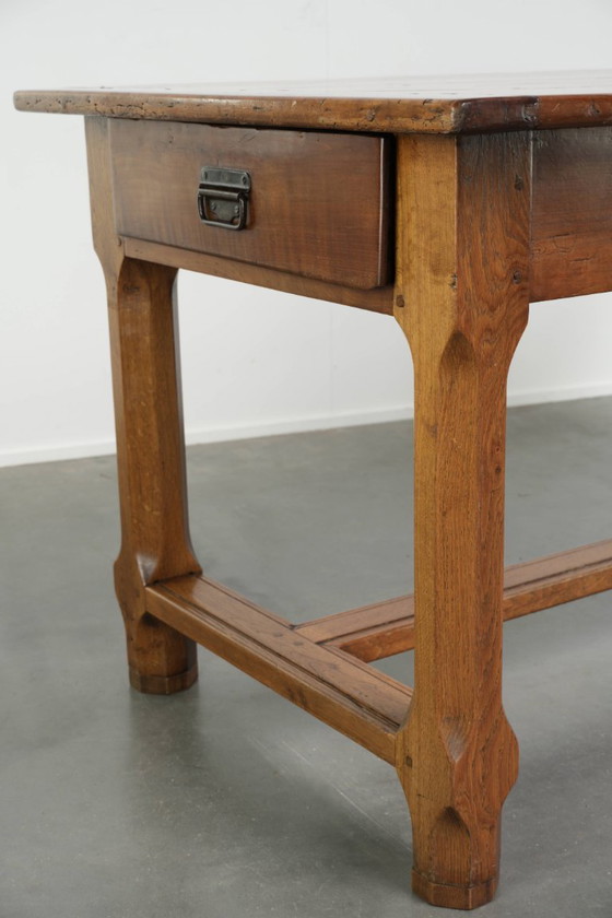 Characterful Antique French Dining Table from the 18th Century with a Fruitwood Top and an Oak Base (photo 12 of 13)