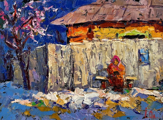 Image 1 of Original Oil Painting Winter Village Landscape Warm evening in grandma's house