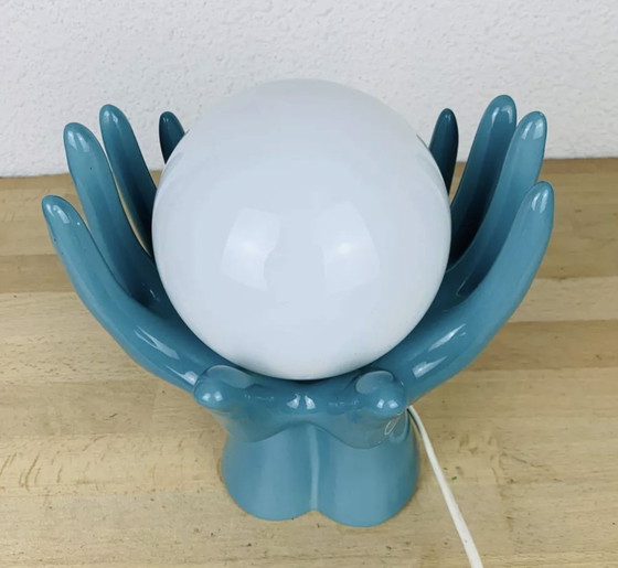 Image 1 of Blue Ceramic and Vintage Glass Globe Hand Lamp