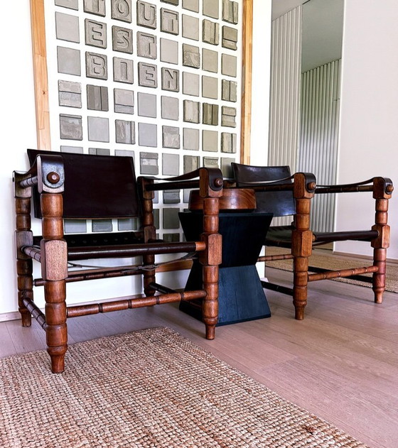 Set di 4 poltrone lounge vintage "Safari". Norik Voskanian. Tabriz. Iran. Legno. Pelle. Stile brutalista. (photo 5 of 10)