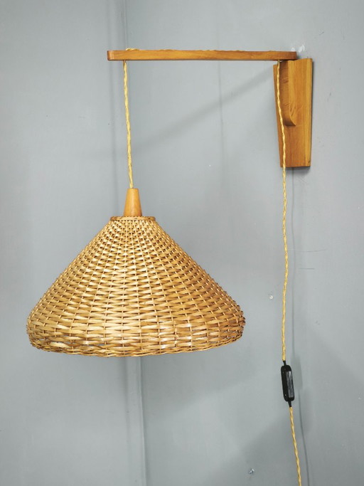 Czechoslovak Rattan and Wood Swing Arm Wall Lamp, 1960s