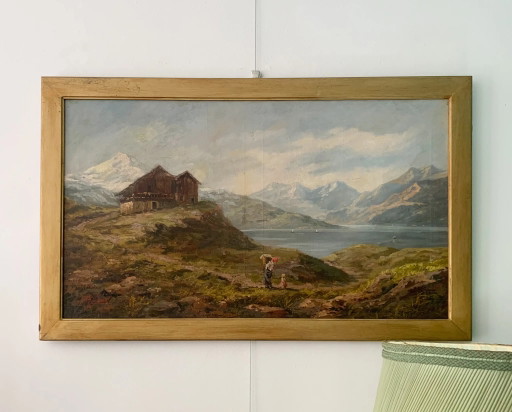 Peinture à l'huile sur toile, paysage lacustre par Adolfo Polaroli, années 1920