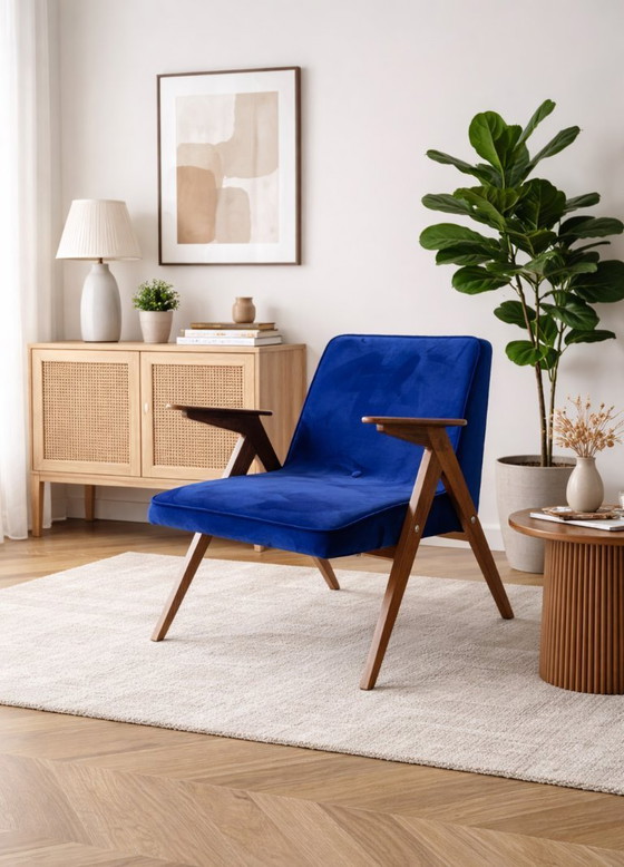 Image 1 of Mid Century Modern Blue Velvet Armchair Restored, Vintage Chierowski Lounge Chair, Polish Wooden Frame Accent Chair