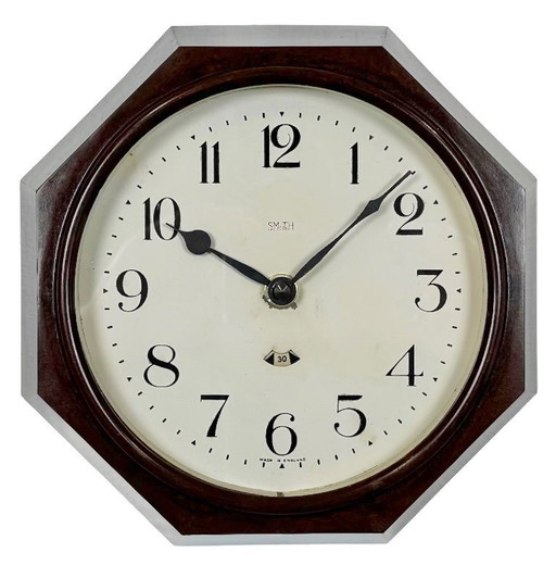 Reloj de pared industrial de baquelita marrón de Smith Electric, década de 1950