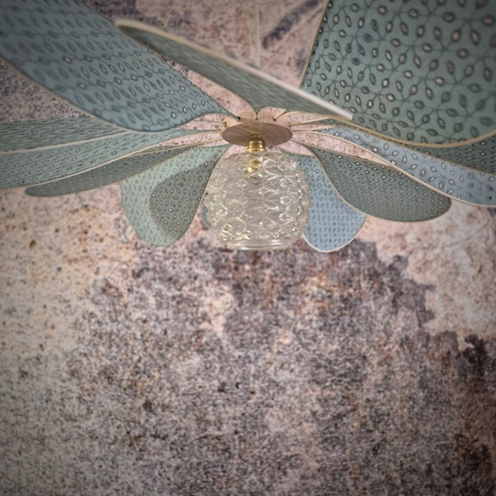 Image 1 of 12-blade hanging lamp in rattan and sage embroidery with vintage chased glass globe