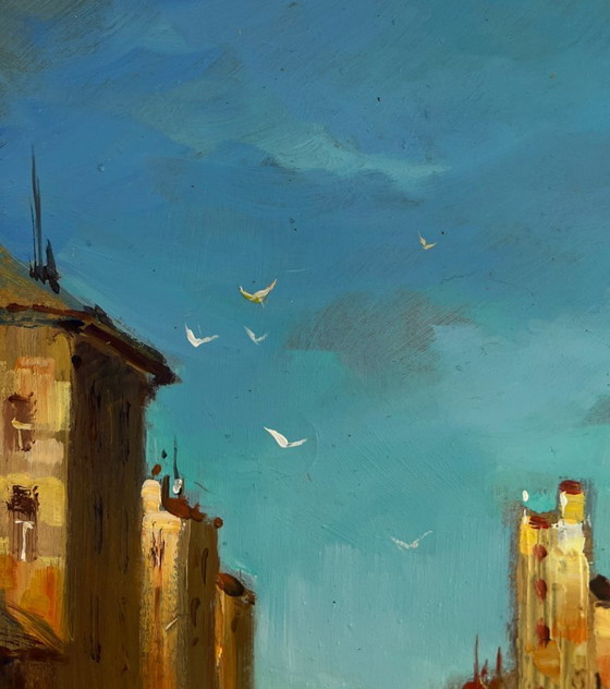 Image 1 of Original Oil Painting Evening River Landscape City on the water