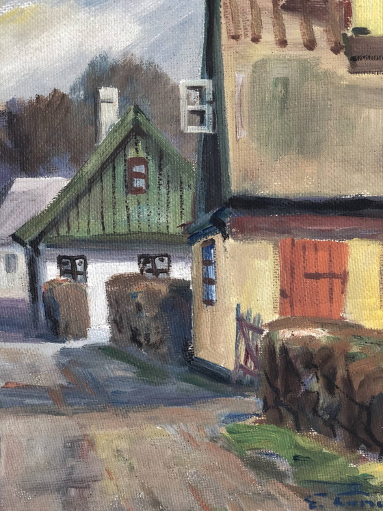 Image 1 of Peinture à l'huile originale vintage représentant un cottage : œuvre encadrée représentant un paysage champêtre